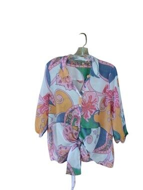 Alex & Parker Floral Print Tie Front 3/4 Sleeve Button Down Shirt XL